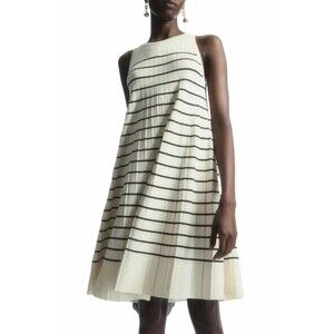 NWT COS Sz M Pleated A-Line Mini Sleeveless Dress Ivory Black Striped Stretch